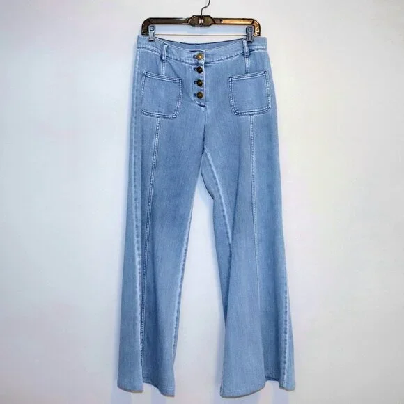 Chloe 6 / F 38 Denim Wide Flare Jeans Bell Bottom Button Fly Patch Pocket - Picture 4 of 15